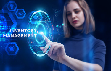 Business, Technology, Internet and network concept. Young businessman working on a virtual screen of the future and sees the inscription: Inventory management