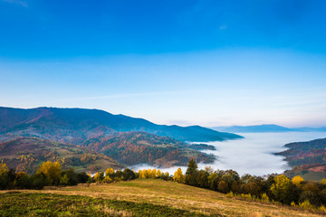 Fototapeta premium Beautiful morning landscape with autumn foggy mountains.