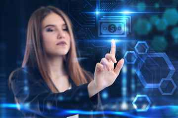 Business, Technology, Internet and network concept. Young businessman working on a virtual screen of the future and sees the inscription: