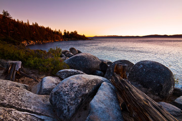 Sunset on the Rocky Coastline of Lake Tahoe at Memorial Point, Lake Tahoe, Nevada, USA