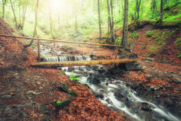 A picturesque wooden bridge across a stream in the middle of a deciduous green summer forest. Crossing a small river. Spring season. - 345652393
