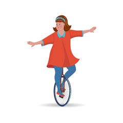 Cheerful cute girl is riding a unicycle. Vector isolated illustration with texture in cartoon style. © Nataliia