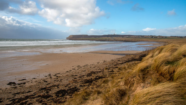 view of the beach at Dunnet Bay in windy conditions