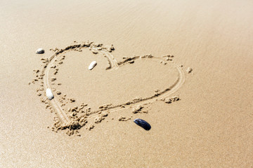 Heart. Written on wet beach sand