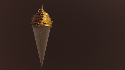 Chocolate and gold mixed ice cream in chocolate cone on brown background. Luxury Dark Chocolate and Gold mixed ice cream. copy space. 3d render.