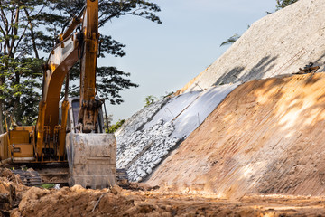 Slope retention construction work being carried out to manage landslide