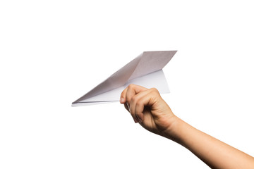 Paper airplane in hand on a white background. Work path saved.