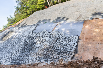 Slope retention construction work being carried out to manage landslide