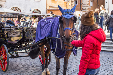 Fototapeta na wymiar Rome, 10.11.2019, a girl reaches out to a horse in Sunny weather on the square of the temple of all the Gods-the Pantheon
