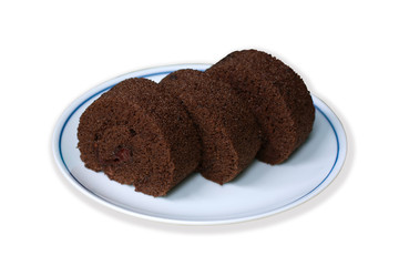 Three chocolate rolled cake with strawberry jam on white plate with blue edge on white background with clipping path.