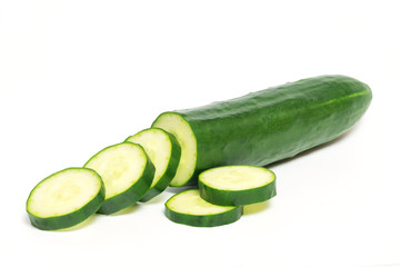 Fresh cucumber with cut and slice isolated on white background