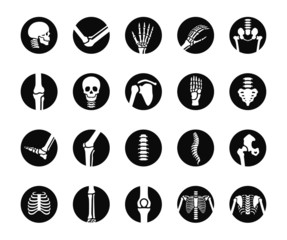human bone and joint icon set, simple flat black circle design