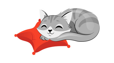 Concept Of Animal Care, Shelter, Donations. Pretty Cat Is Sleeping On Red Pillow, Putting His Head On Paws And Tail Between Legs. Animal Adoption And Support. Cartoon Flat Style. Vector Illustration