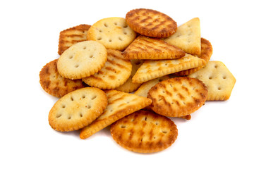 Portion of mixed crackers isolated on white background. organic crispy crackers.