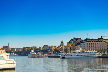 View of Sodermalm (central district). Stockholm capital of Sweden. Lakeside panorama. Travel photo.