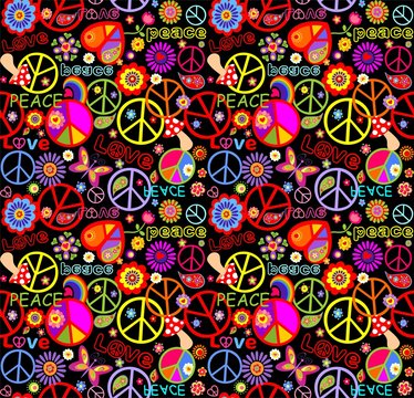 Funny seamless wallpaper with colorful hippie print with peace and love lettering, flay agaric, butterfly, abstract flowers on the black background
