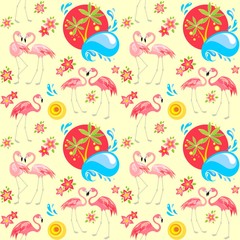 Fototapeta na wymiar Seamless abstract pattern with pink flamingo birds, Frangipani flowers and palm trees for fashion print and wrapping paper. Flat design