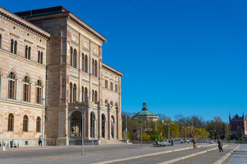 Fototapeta na wymiar Street near national museum in Stockholm. Photo of central district in Swedish capital. The biggest scandinavian city.