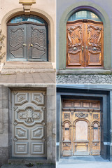 four  wooden door with beautiful decorative wooden trim in the historic part of Lisbon