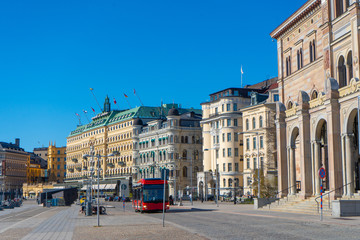 Fototapeta na wymiar Street near national museum in Stockholm. Photo of central district in Swedish capital. The biggest scandinavian city.