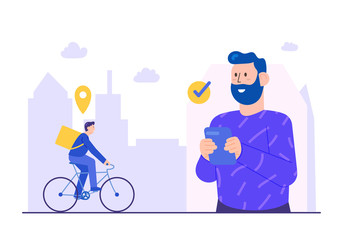 Delivery App Concept Happy Customer Waiting Flat Style Vector Illustration Design