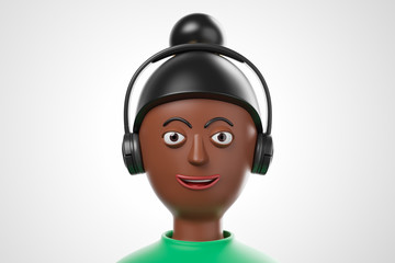 Close up cartoon portrait of beautiful african american smiling woman in black headphones over white background.