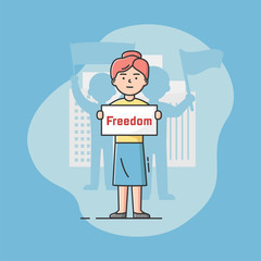 Mass Protest Action Concept. Dissatisfied People Silhouettes Complaining And Taking Part In Strike. Woman Holding Protest Banners With Freedom Sign. Cartoon Linear Outline Flat Vector Illustration