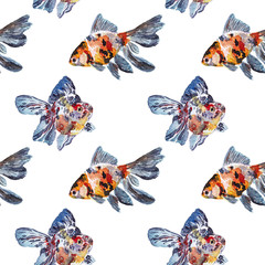 Hand-drawn seamless watercolor pattern with goldfish. Light background with aquarium fish for fabrics, printing, decoration.