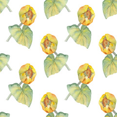 Hand-drawn seamless watercolor pattern with water lilies and leaves. Light watercolor background with yellow nuphar and green leaves for textile, printing, design.