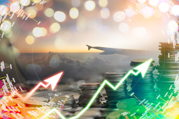 Stock market digital graph chart on LED display concept. A large display of daily stock market price and quotation. Indicator financial forex trade education background.  coins for finance concept