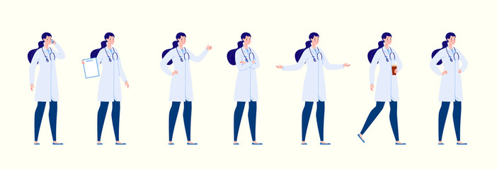 Doctor in various emotions. Character design set. Vector illustration in a flat cartoon style.