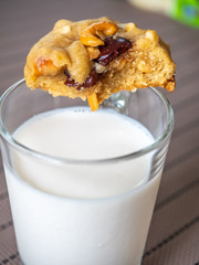 Chewy chocolate chip soft cookie on cup of milk