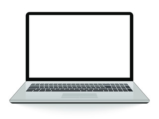 Realistic laptop on white background. Clean design with blank screen. White notebook mockup isolated. Computer with empty screen. Silver device with shadow. Vector illustration.