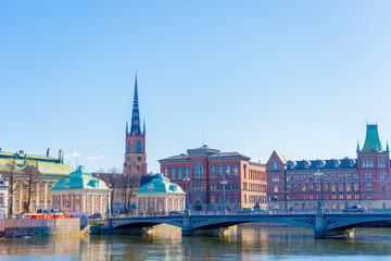 View of the old town (gamla stan). Stockholm capital of Sweden. Lakeside panorama. Travel photo.