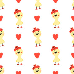 hand-drawn doodle ducks seamless pattern. vector illustration with red hearts and yellow bird on a white background. for packaging, fabrics, or backgrounds.