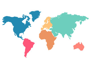 World map with separated colorful continents vector illustration isolated on white