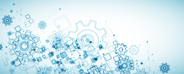 Obraz premium Abstract blue technological background. Structure square pattern with cogwheels and plexus effect. Vector