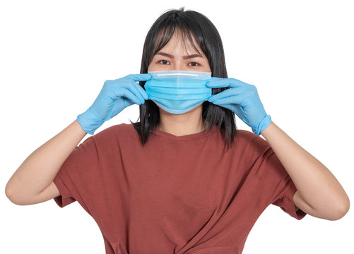 COVID 19 Pandemic Coronavirus Protective Spreading Disease Virus By Mask ; Woman Wearing Face Blue Mask And Glove On White Back Ground With Clipping Part.