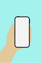Hand holding a blank white screen smart phone. Vector illustration.
