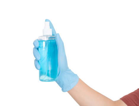 COVID 19 Pandemic Coronavirus Protective Spreading Disease Virus By Mask And Alcohol Spray ; Woman Hand Holding Alcohol Spray On White Back Ground With Clipping Path.