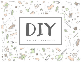 DIY concept: spool of thread, needles, rulers, scissors, pins, thimbles, buttons