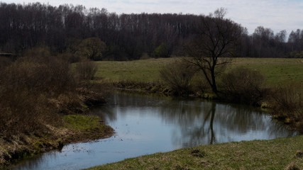 Fototapeta na wymiar spring flood on the river.fast little rivers.