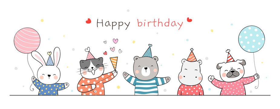Draw banner cute animal party on white for birthday.