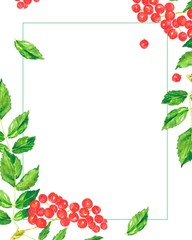 Watercolor hand painted frame with green leaves and red rowan berries. Frame for wedding invitations, save .date or greeting cards. Autumn card