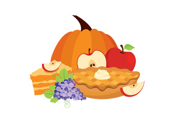 Traditional thanksgiving sweet food vector. Thanksgiving day meal icon. Classic american pie clip art. Apple Pie icon isolated on a white background. Autumn food vector. Pumpkin and fruitcake icon
