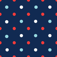 Marine nautical seamless pattern with blue, red and white spots. Dotted seamless background. Vector
