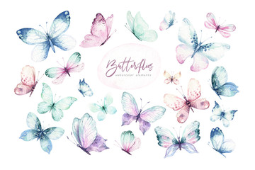 Bunte Schmetterlinge des Aquarells, lokalisierter Schmetterling auf weißem Hintergrund. blaue, gelbe, rosa und rote Schmetterlingsfrühlingsillustration.