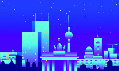 Night Berlin drawn with silhouettes and gradients. Panorama of a large city. Vector illustration. © Павел Летушев
