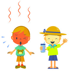 sweating boy and comfortable one, heatstroke risk