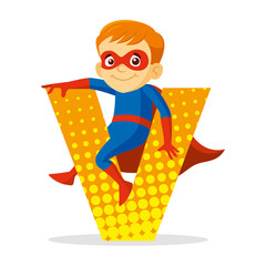 ABC Letter V Superhero Boy Cartoon character Vector illustration